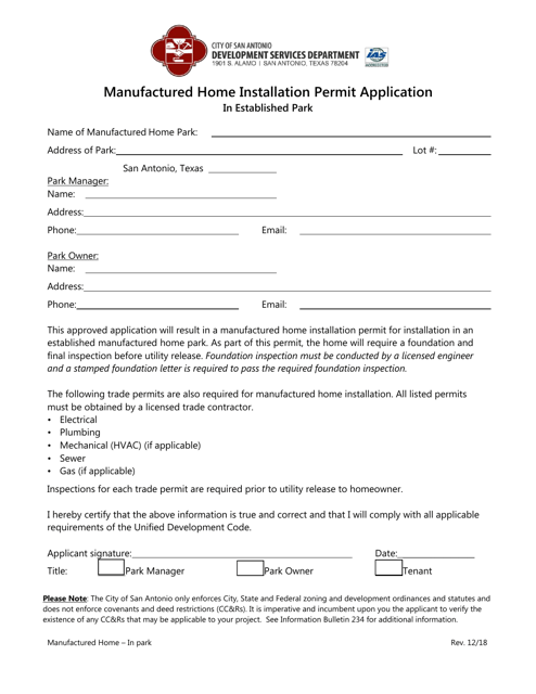 Manufactured Home Installation Permit Application in Established Park - City of San Antonio, Texas Download Pdf