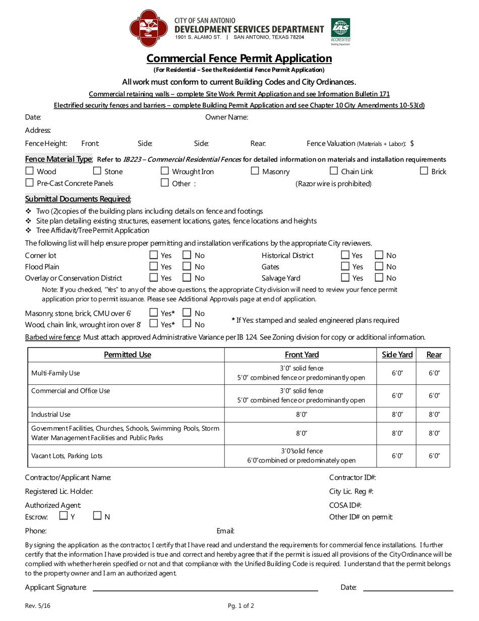 Commercial Fence Permit Application - City of San Antonio, Texas, Page 1