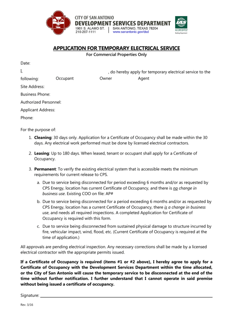 Application for Temporary Electrical Service - City of San Antonio, Texas