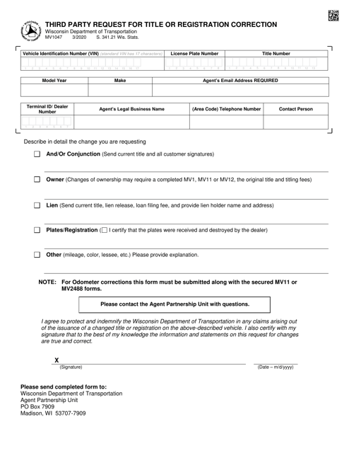 Form MV1047 Third Party Request for Title or Registration Correction - Wisconsin