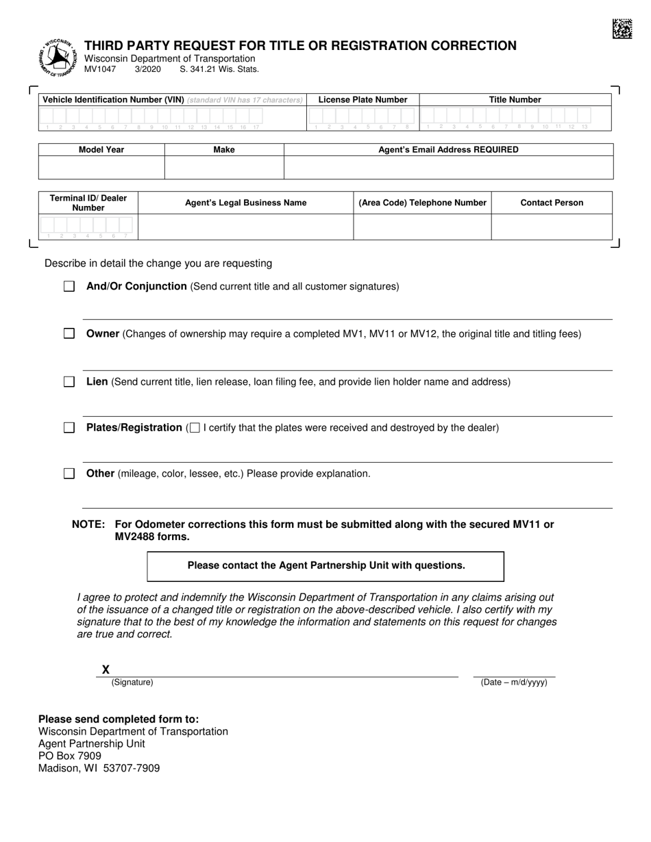 Form MV1047 Third Party Request for Title or Registration Correction - Wisconsin, Page 1