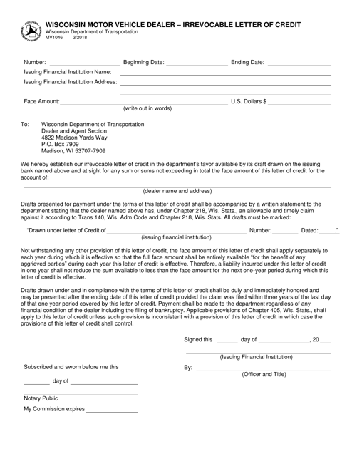 Form MV1046 Wisconsin Motor Vehicle Dealer - Irrevocable Letter of Credit - Wisconsin