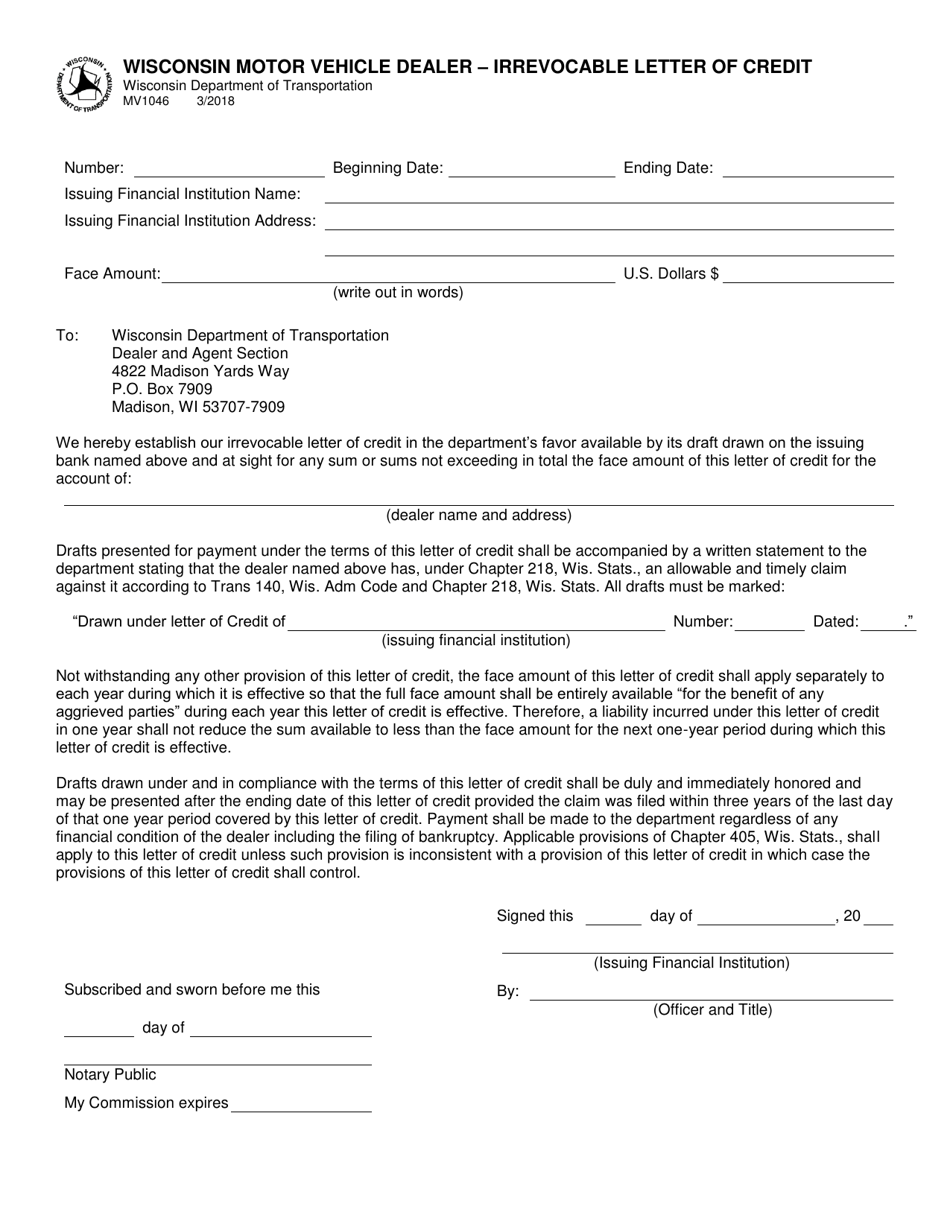 Form MV1046 Wisconsin Motor Vehicle Dealer - Irrevocable Letter of Credit - Wisconsin, Page 1