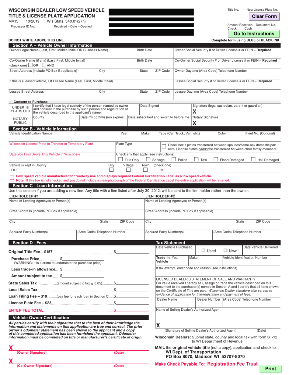 Form MV15 Wisconsin Dealer Low Speed Vehicle Title and License Plate Application - Wisconsin, Page 2