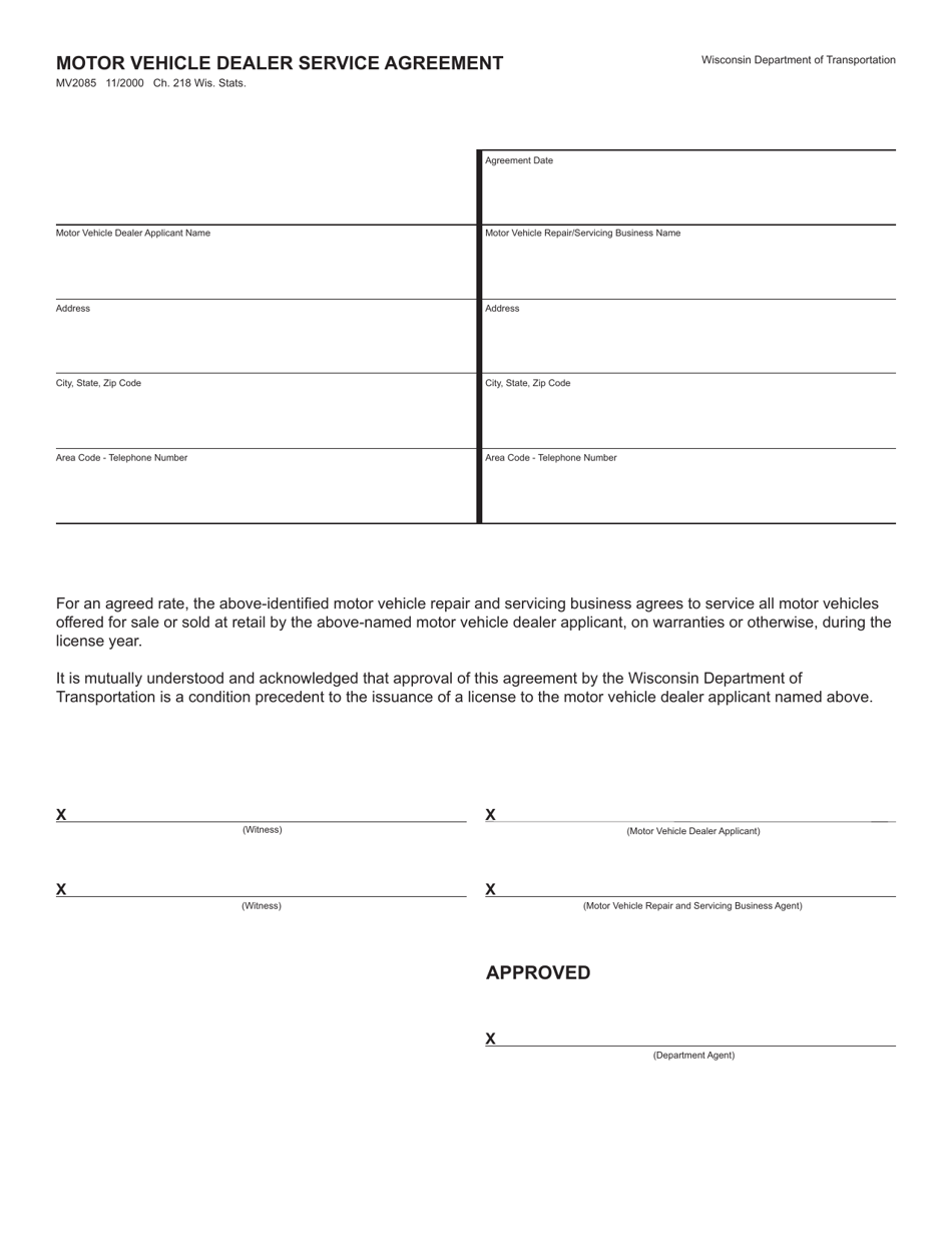 Form MV2085 Motor Vehicle Dealer Service Agreement - Wisconsin, Page 1