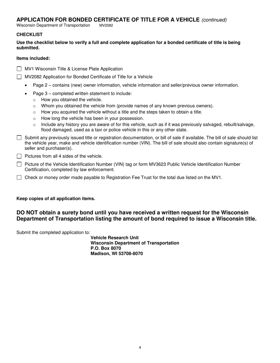 Form MV2082 Application for Bonded Certificate of Title for a Vehicle - Wisconsin, Page 4