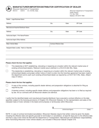 Document preview: Form MV2131 Manufacturer/Importer/Distributor Certification of Dealer - Wisconsin