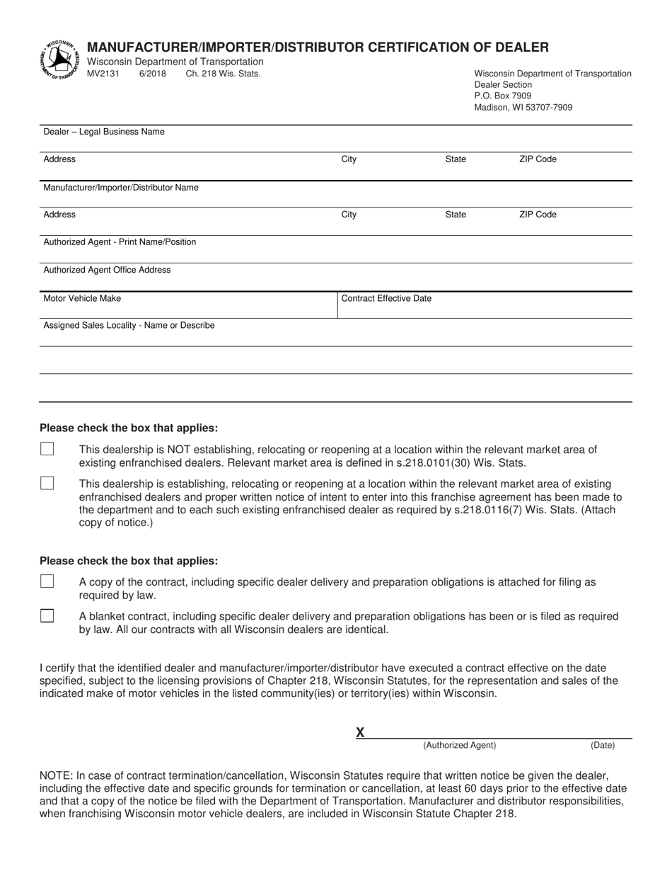 Form MV2131 Manufacturer / Importer / Distributor Certification of Dealer - Wisconsin, Page 1