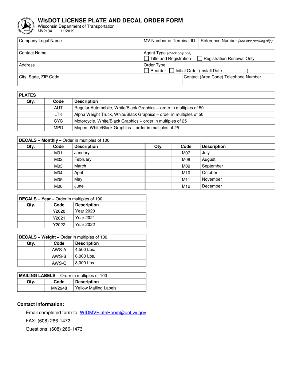 Form MV2134 Wisdot License Plate and Decal Order Form - Wisconsin, Page 1