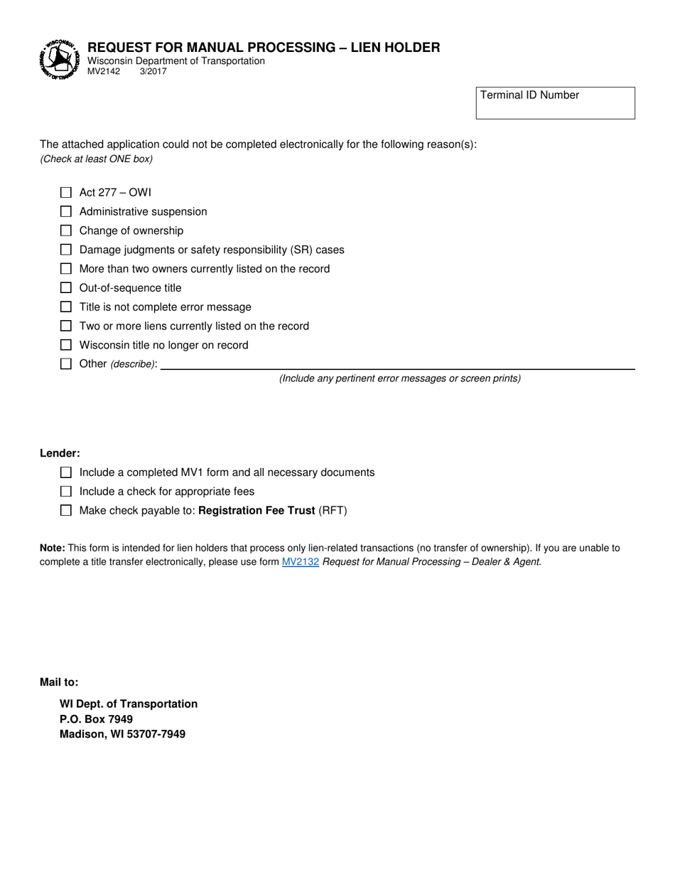 Form MV2142 Request for Manual Processing - Lien Holder - Wisconsin, Page 1