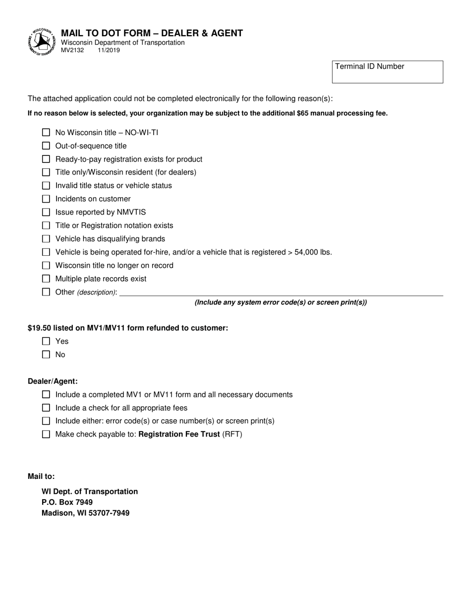 Form MV2132 Mail to Dot Form - Dealer  Agent - Wisconsin, Page 1