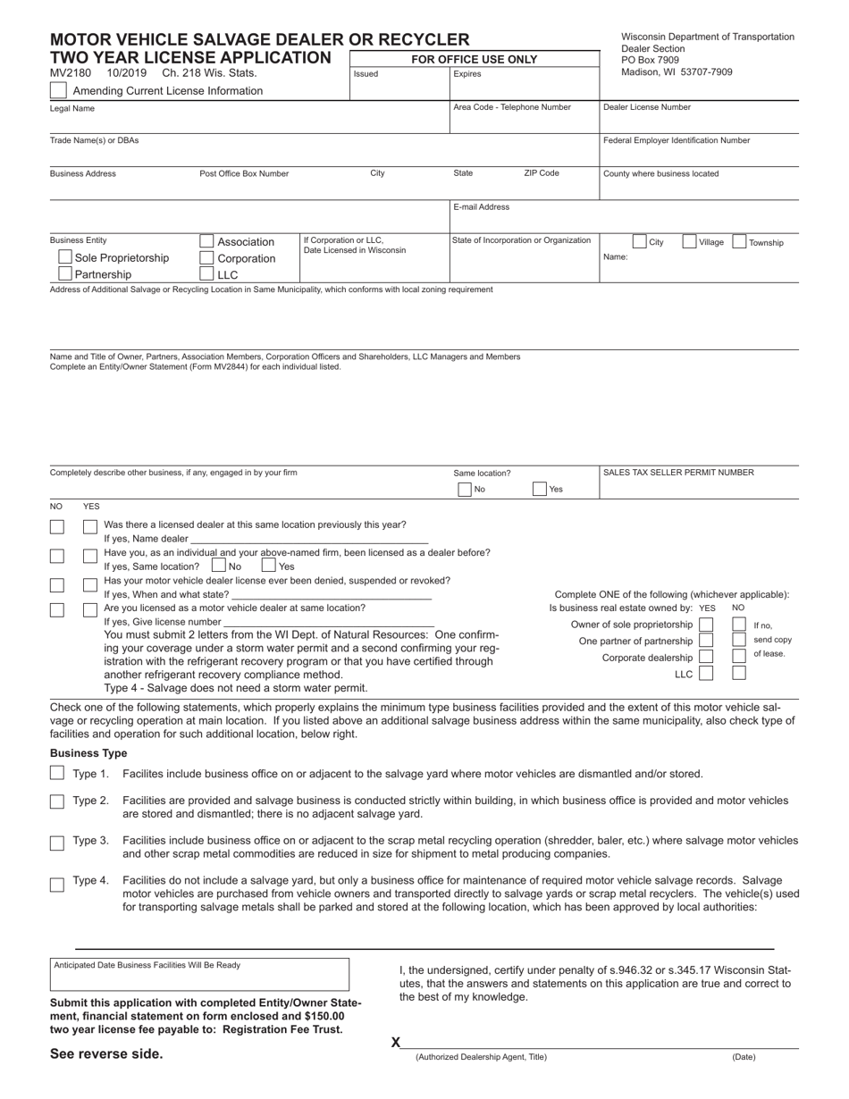 Form MV2180 Motor Vehicle Salvage Dealer or Recycler Two Year License Application - Wisconsin, Page 1