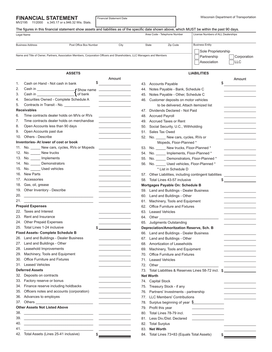 Form MV2195 Financial Statement - Wisconsin, Page 1