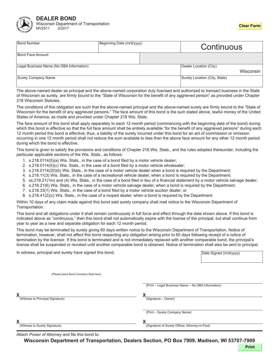 Form MV2511 Dealer Bond - Wisconsin, Page 1
