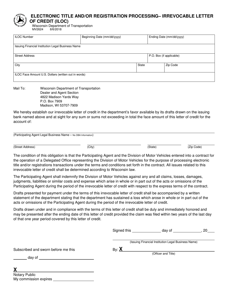 Form MV2624 Electronic Title and / or Registration Processing - Irrevocable Letter of Credit (Iloc) - Wisconsin, Page 1