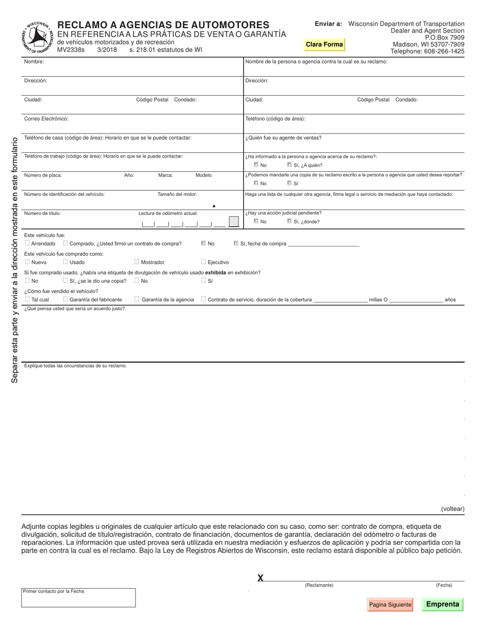 Formulario MV2338S Reclamo a Agencias De Automotores - Wisconsin (Spanish), Page 3