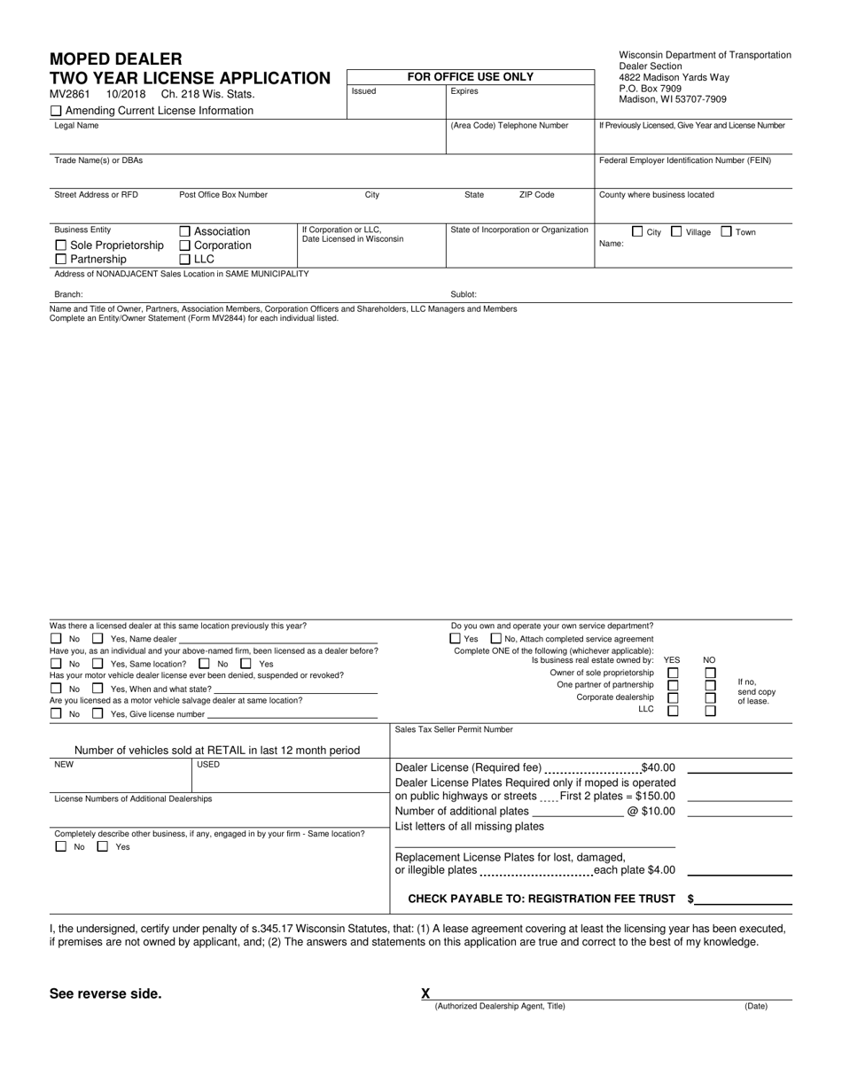 Form MV2861 Moped Dealer Two Year License Application - Wisconsin, Page 1