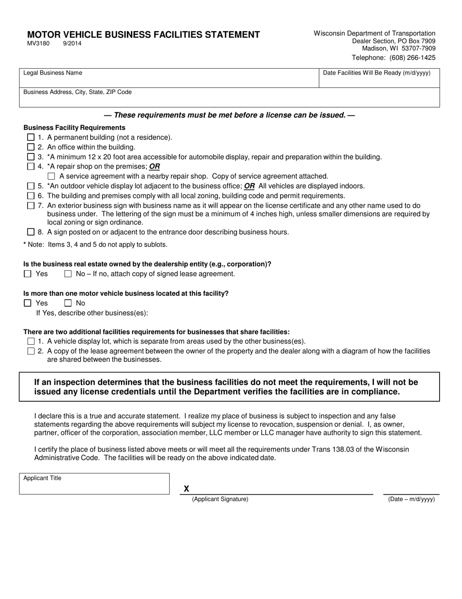 Form MV3180 Motor Vehicle Business Facilities Statement - Wisconsin, Page 1