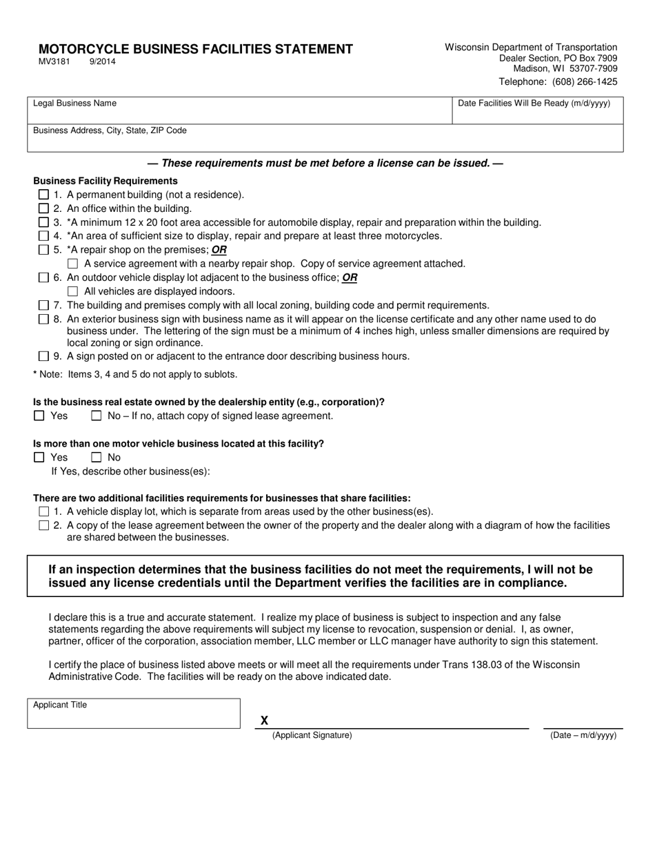 Form MV3181 Motorcycle Business Facilities Statement - Wisconsin, Page 1