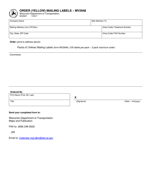 Form MV2947 Order (Yellow) Mailing Labels - Mv2948 - Wisconsin