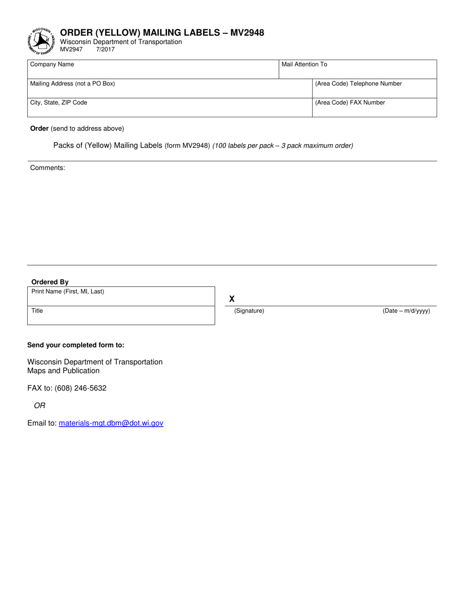 Form MV2947 Order (Yellow) Mailing Labels - Mv2948 - Wisconsin, Page 1