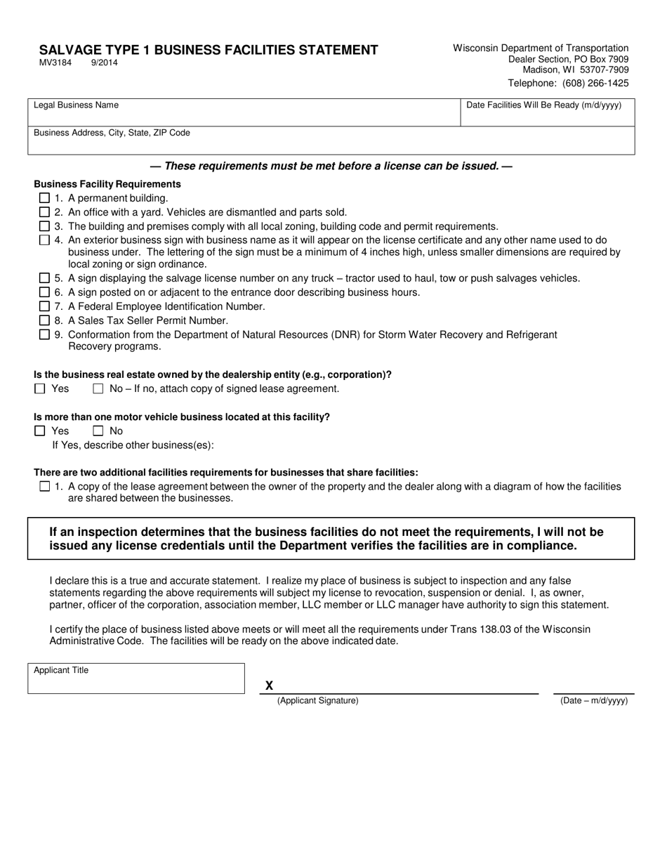 Form MV3184 Salvage Type 1 Business Facilities Statement - Wisconsin, Page 1