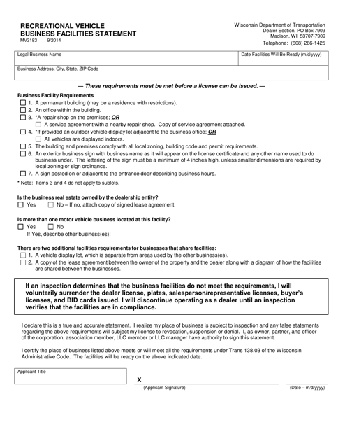 Form MV3183 Recreational Vehicle Business Facilities Statement - Wisconsin