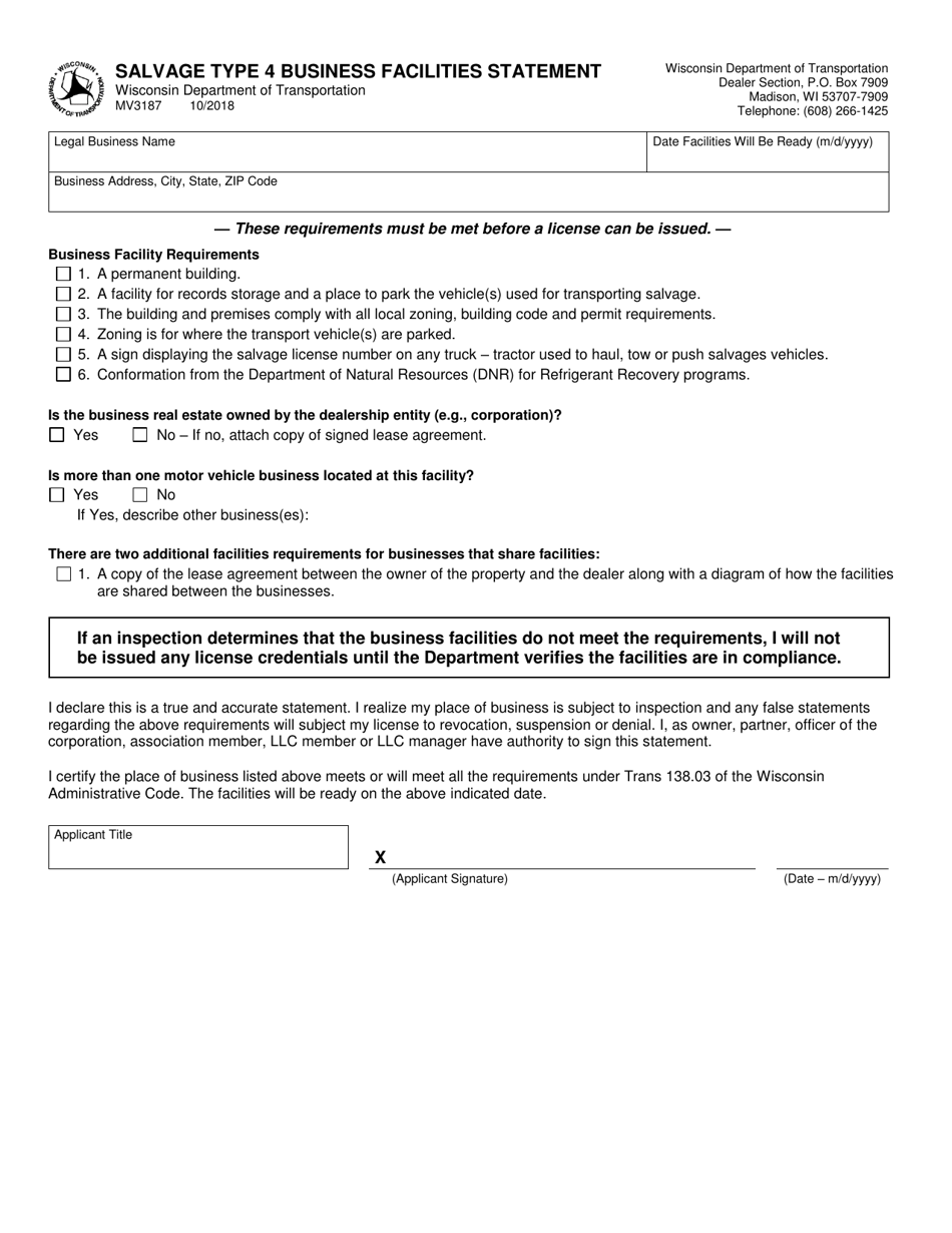 Form MV3187 Salvage Type 4 Business Facilities Statement - Wisconsin, Page 1