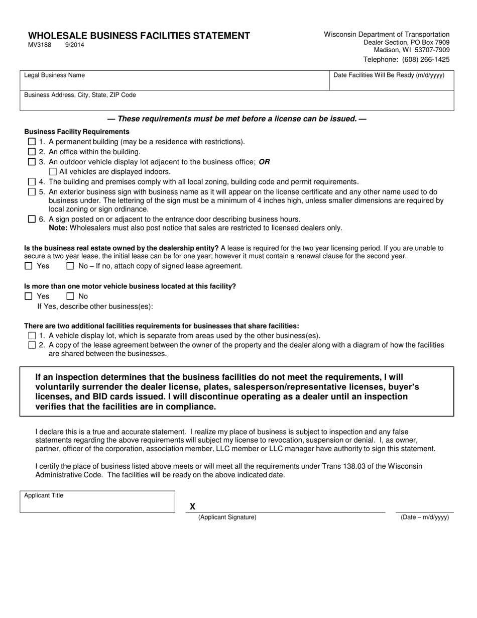 Form MV3188 Wholesale Business Facilities Statement - Wisconsin, Page 1