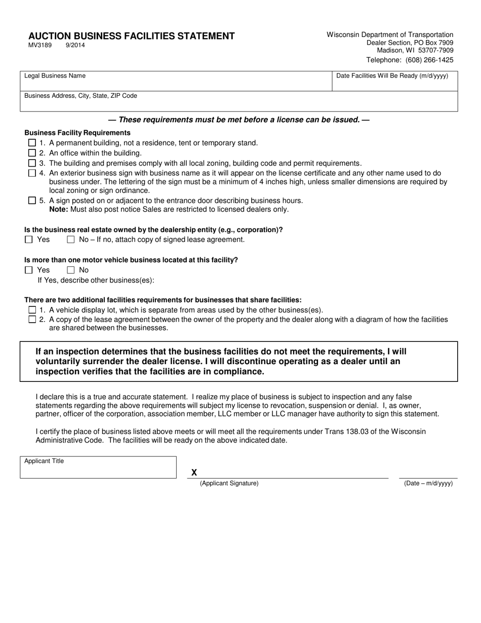 Form MV3189 Auction Business Facilities Statement - Wisconsin, Page 1