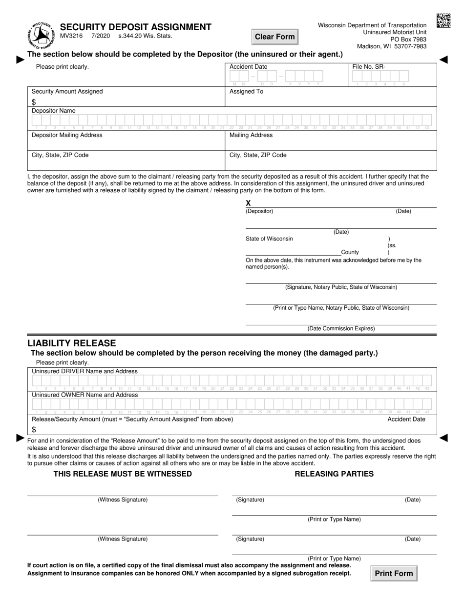 Form MV3216 Security Deposit Assignment and Liability Release - Wisconsin, Page 1