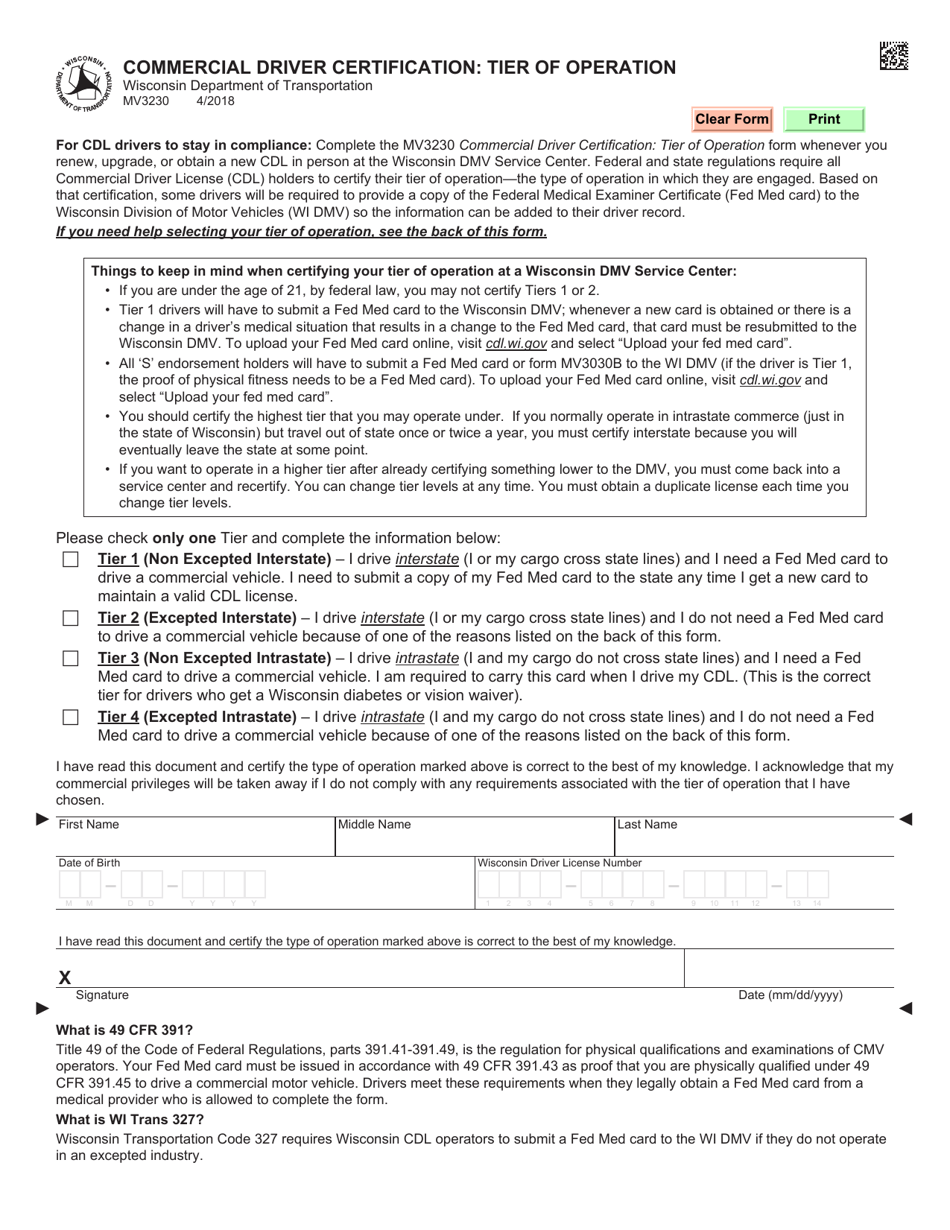 Form MV3230 Commercial Driver Certification: Tier of Operation - Wisconsin, Page 1