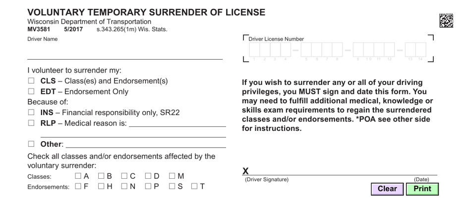 Form MV3581 Voluntary Temporary Surrender of License - Wisconsin, Page 1