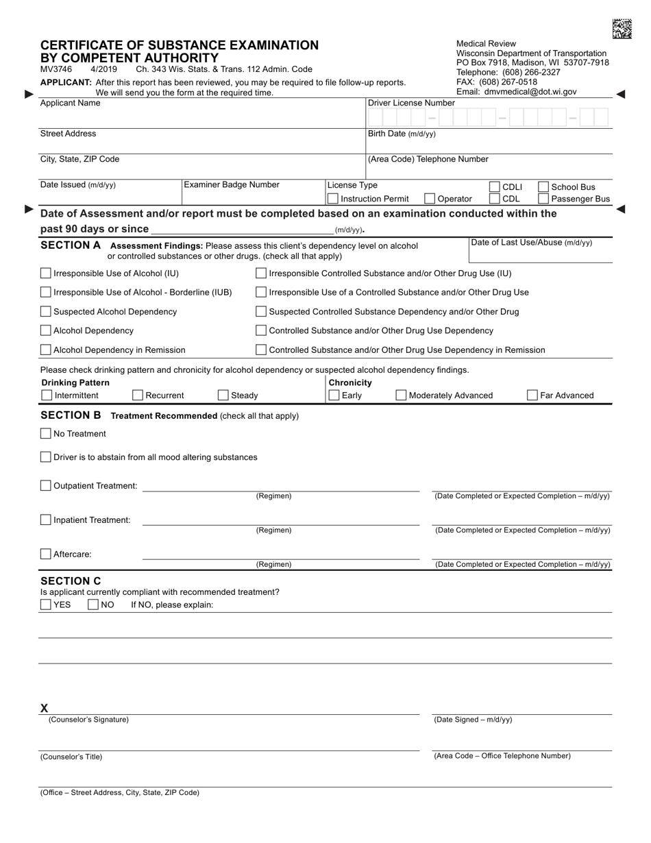 Form MV3746 Certificate of Substance Examination by Competent Authority - Wisconsin, Page 1