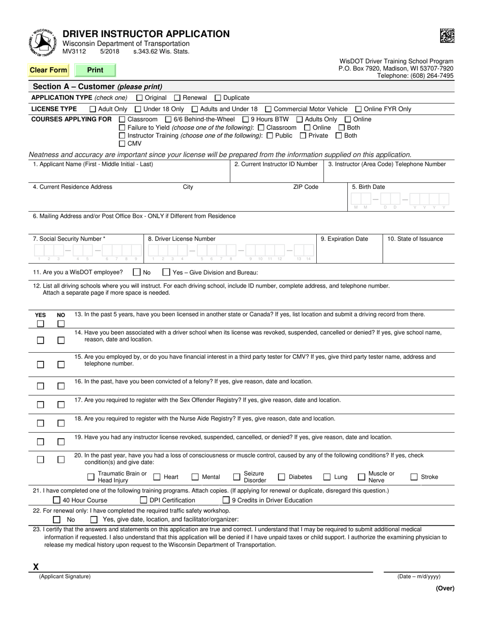 Form MV3112 Driver Instructor Application - Wisconsin, Page 1