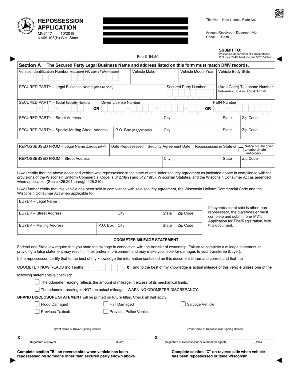 Form MV2117 Repossession Application - Wisconsin, Page 1
