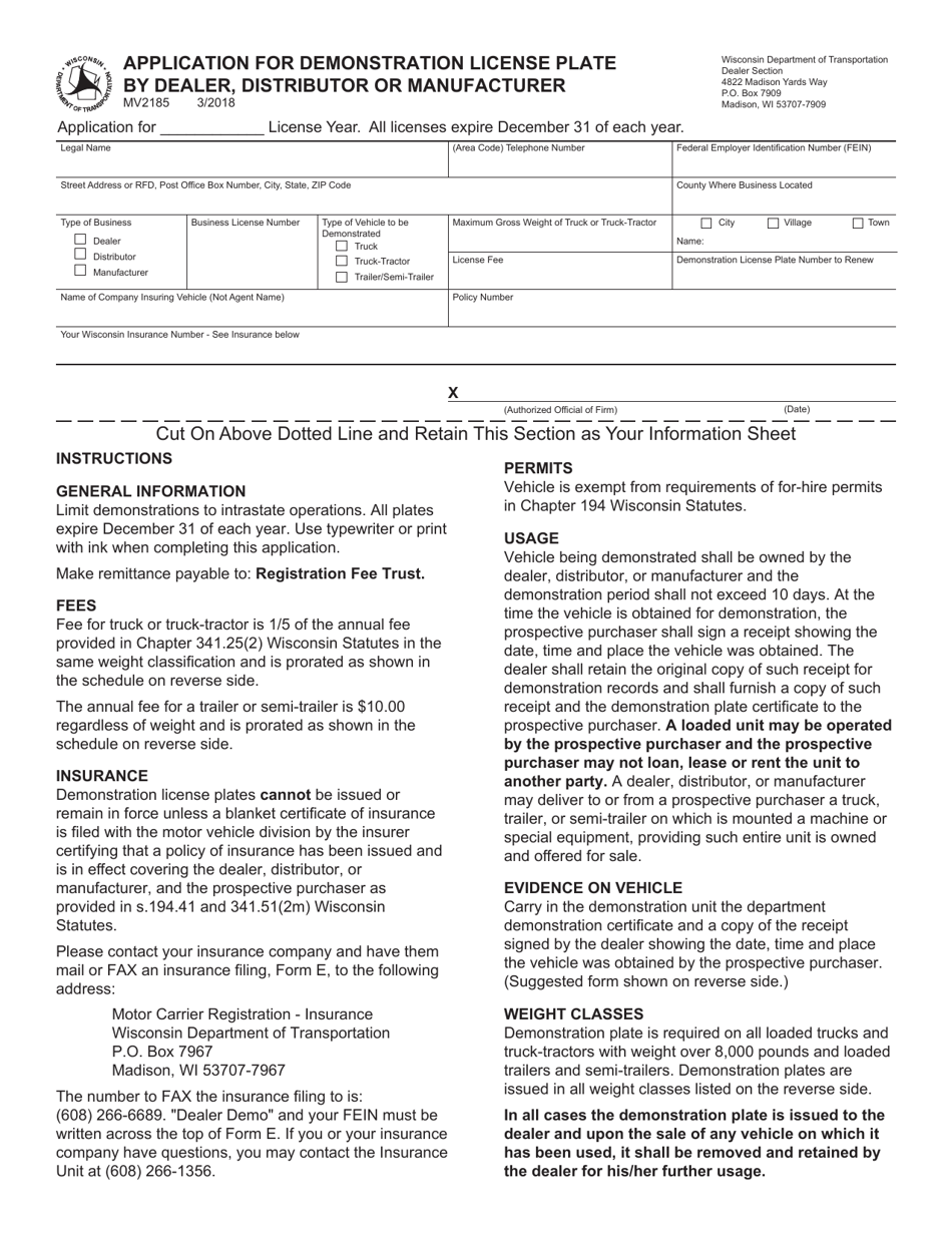 Form MV2185 Application for Demonstration License Plate by Dealer, Distributor or Manufacturer - Wisconsin, Page 1