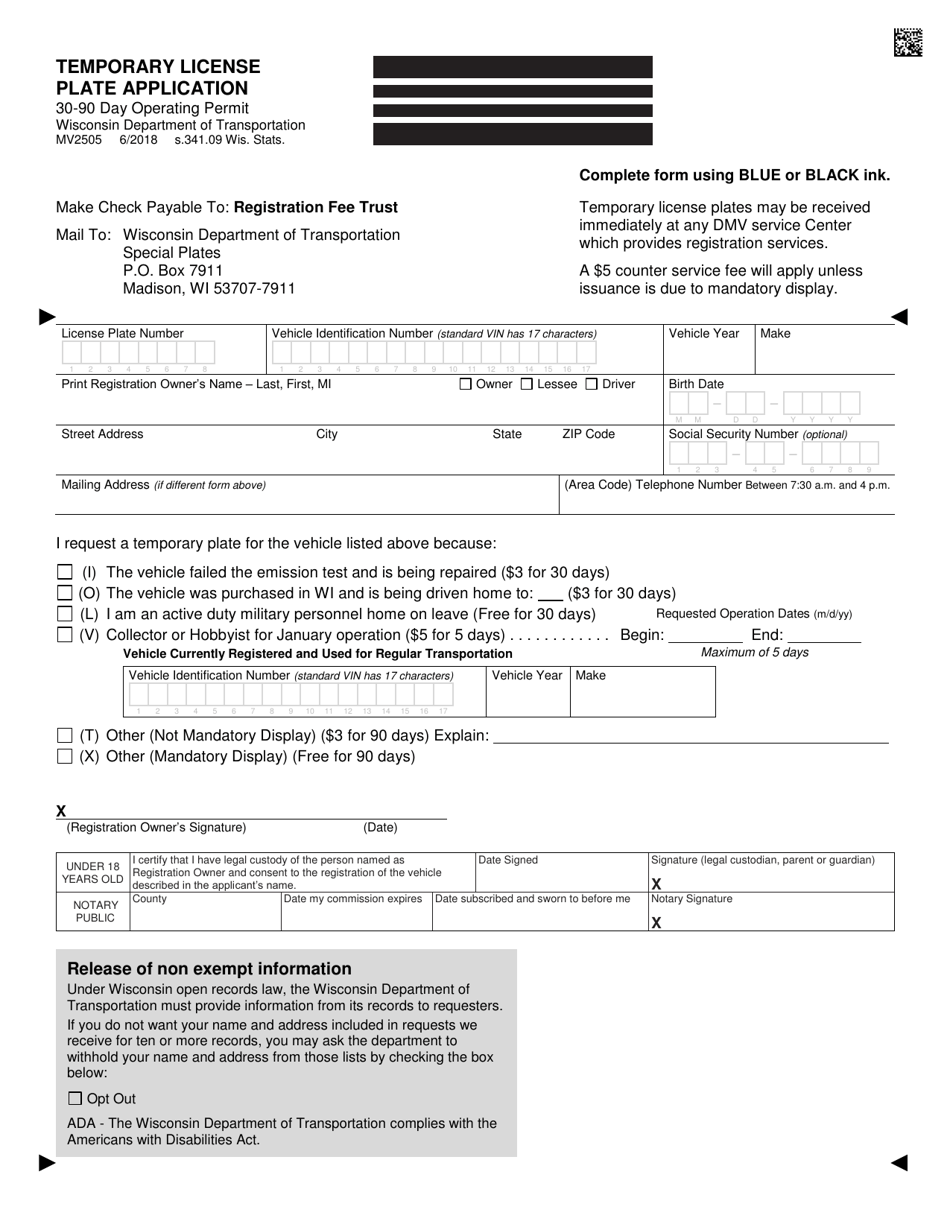 Form MV2505 Temporary License Plate Information and Application - Wisconsin, Page 1