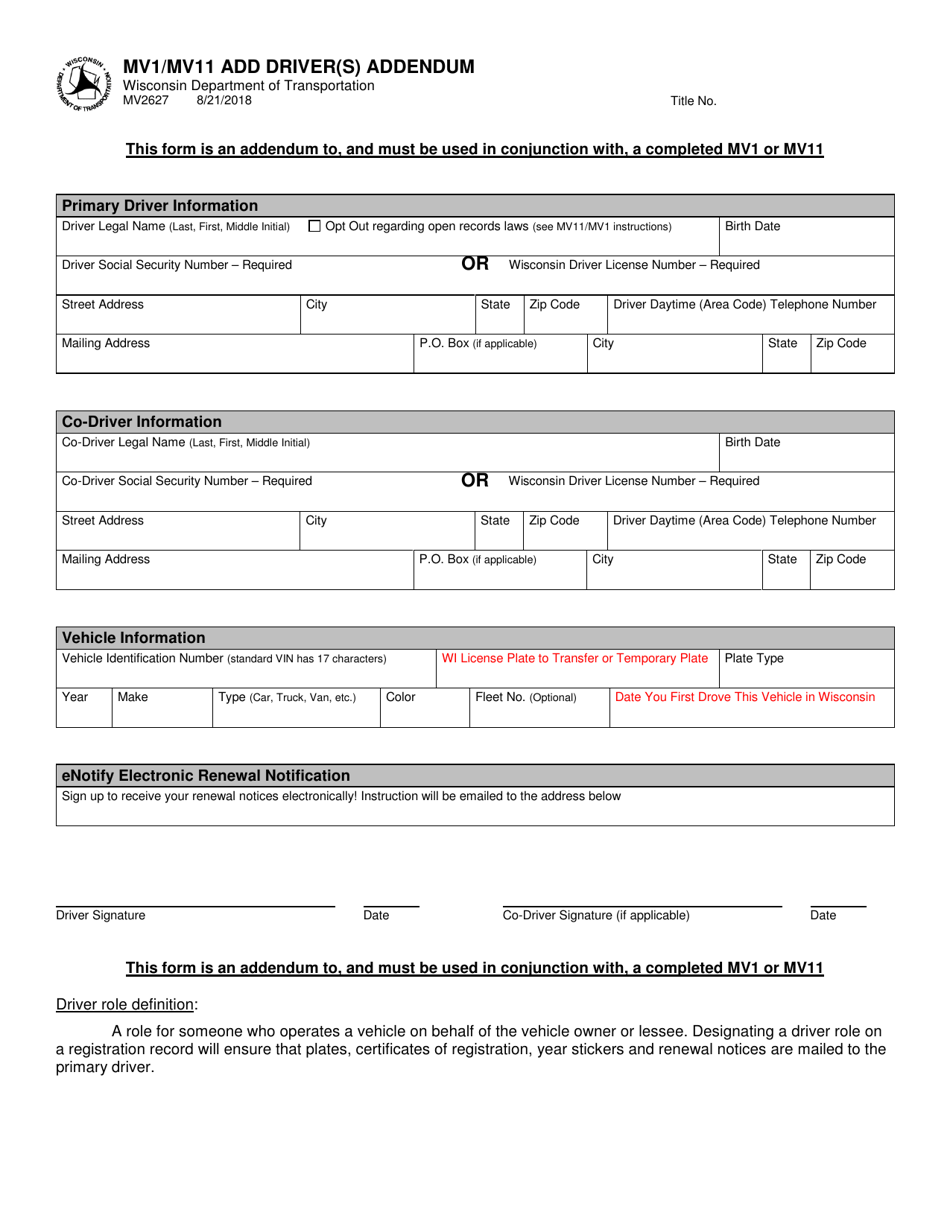 Form MV2627 Mv1 / Mv11 Add Driver(S) Addendum - Wisconsin, Page 1