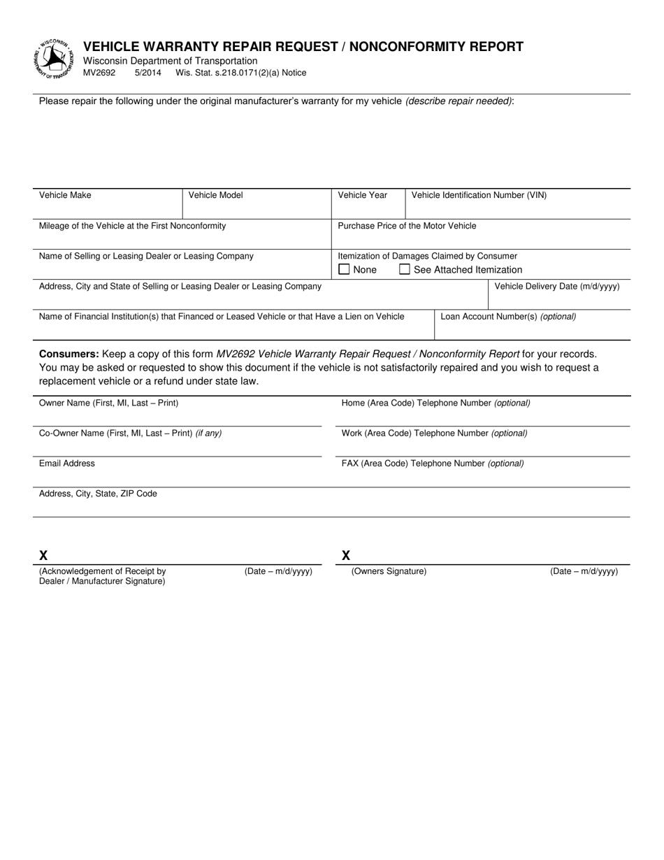 Form MV2692 Vehicle Warranty Repair Request / Nonconformity Report - Wisconsin, Page 1