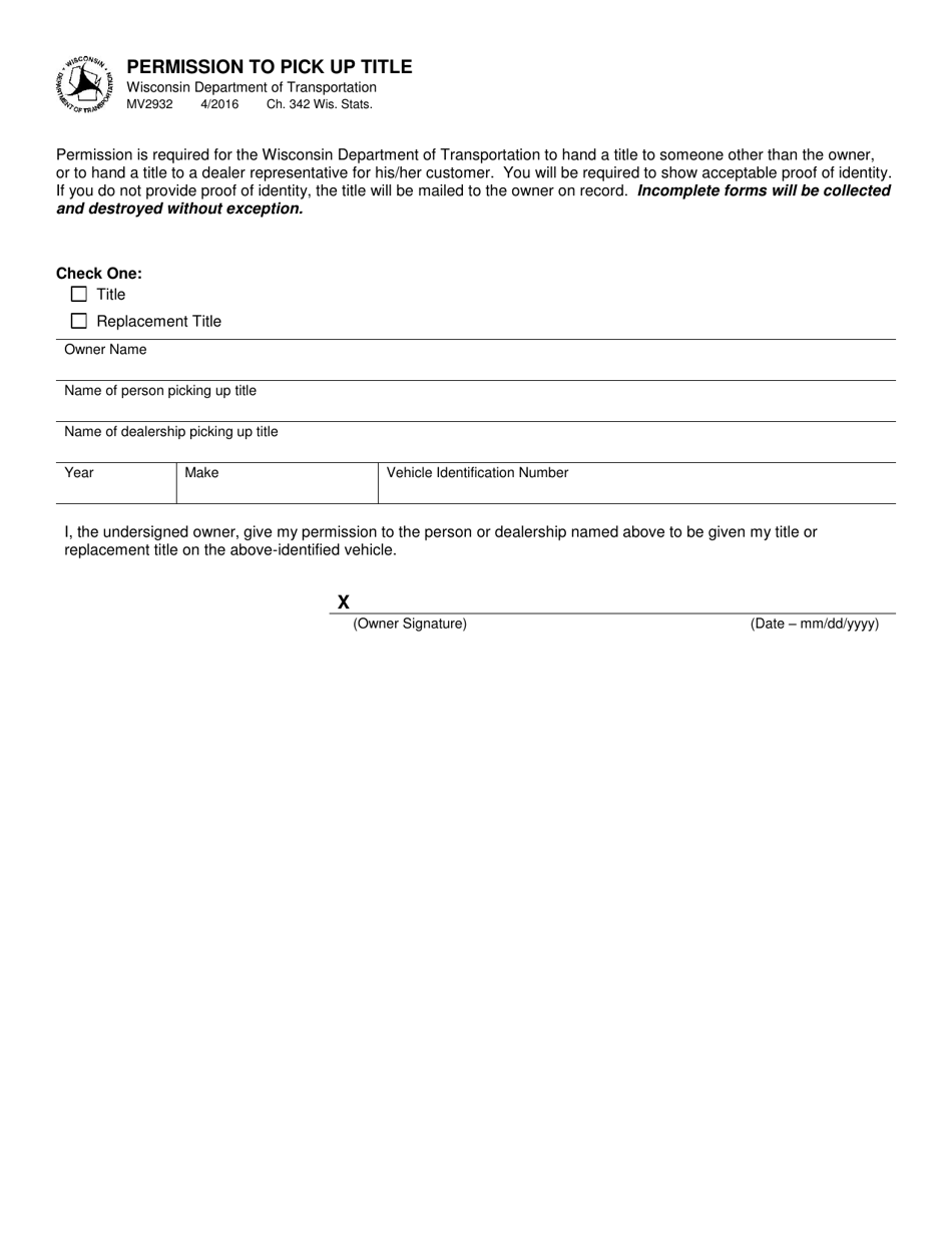 Form MV2932 Permission to Pick up Title - Wisconsin, Page 1
