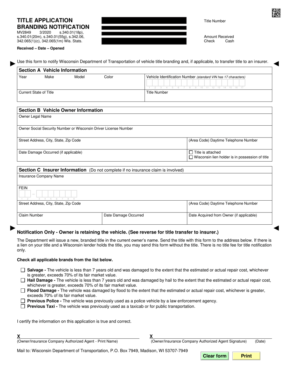 Form MV2849 Title Application Branding Notification - Wisconsin, Page 1