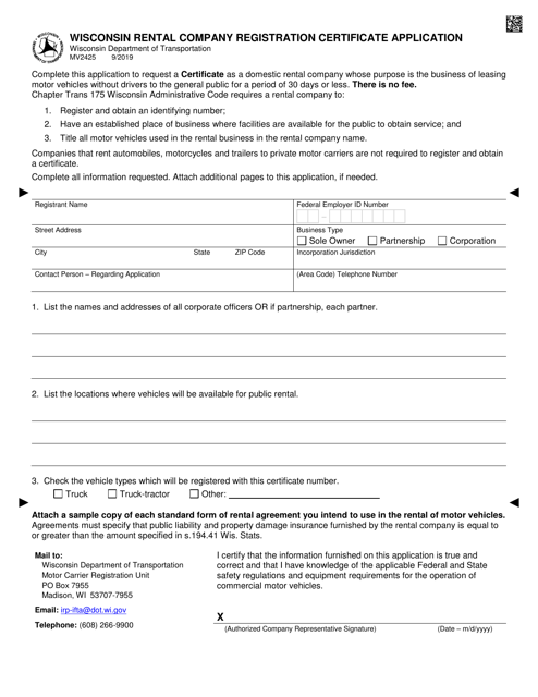 Form MV2425 Wisconsin Rental Company Registration Certificate Application - Wisconsin