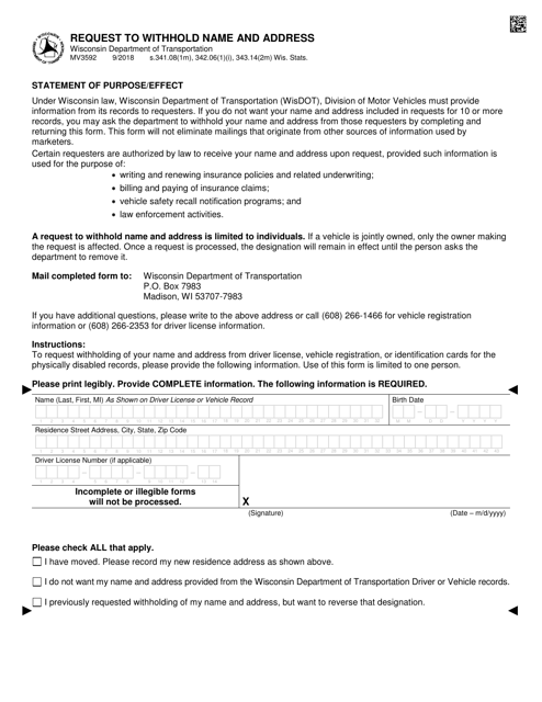 Form MV3592 Request to Withhold Name and Address - Wisconsin