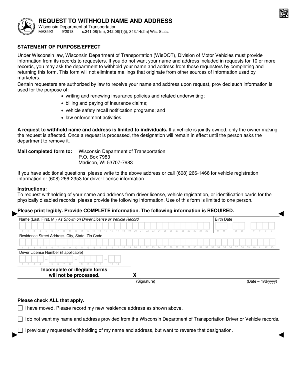 Form MV3592 Request to Withhold Name and Address - Wisconsin, Page 1