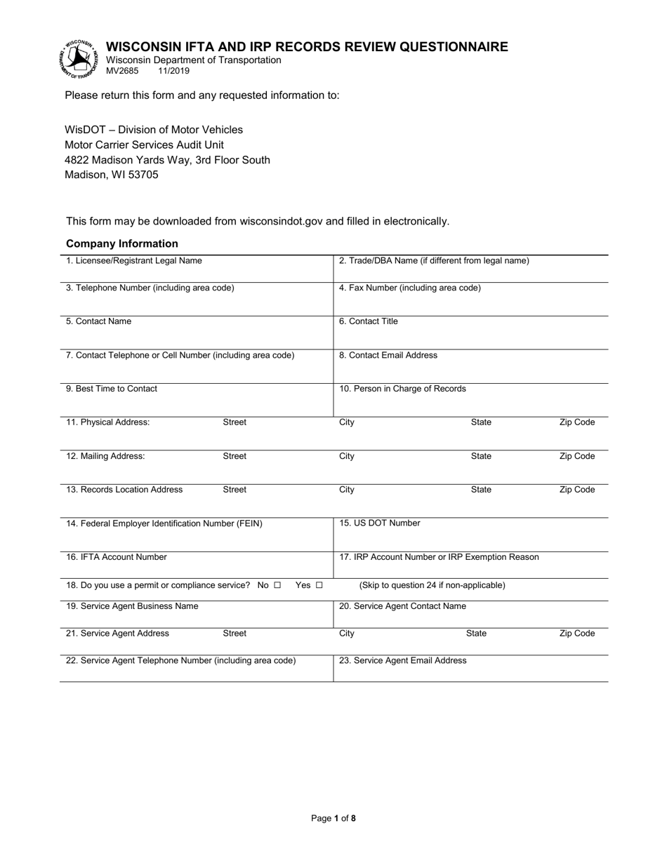 Form MV2685 Wisconsin Ifta and Irp Records Review Questionnaire - Wisconsin, Page 1