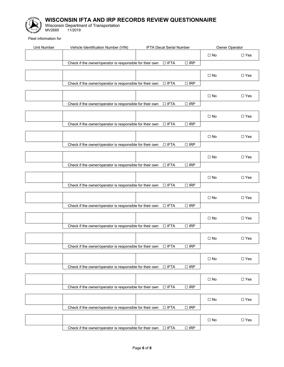 Form MV2685 Wisconsin Ifta and Irp Records Review Questionnaire - Wisconsin, Page 6