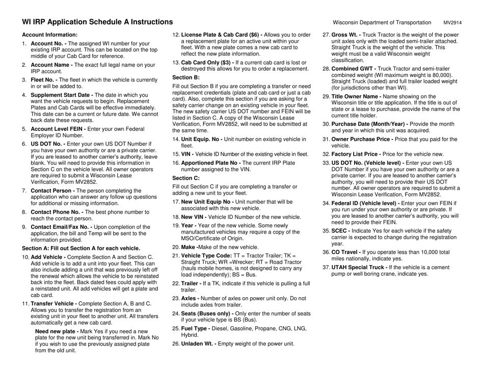 Form MV2914 Schedule A Wi Irp Application - Vehicle Information - Wisconsin, Page 1