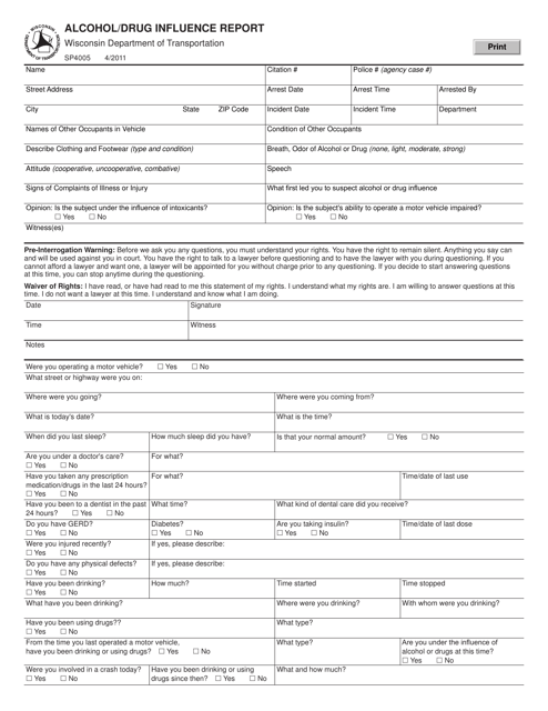 Form SP4005 Alcohol/Drug Influence Report - Wisconsin