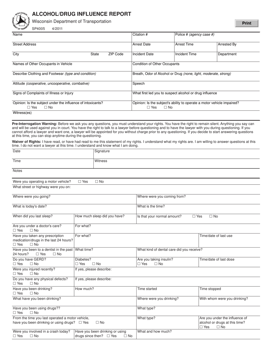 Form SP4005 Alcohol / Drug Influence Report - Wisconsin, Page 1